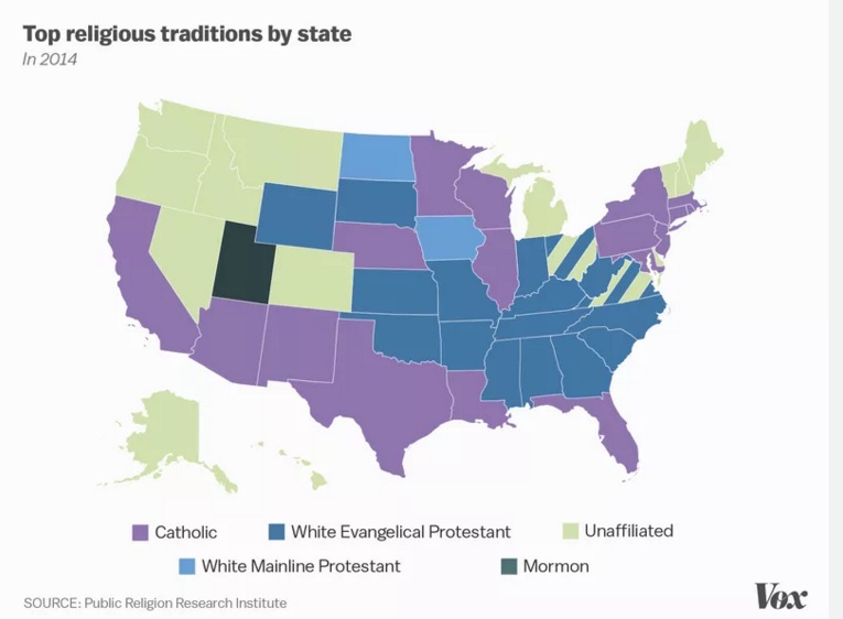Како изгледа мапата на религиозност во САД?